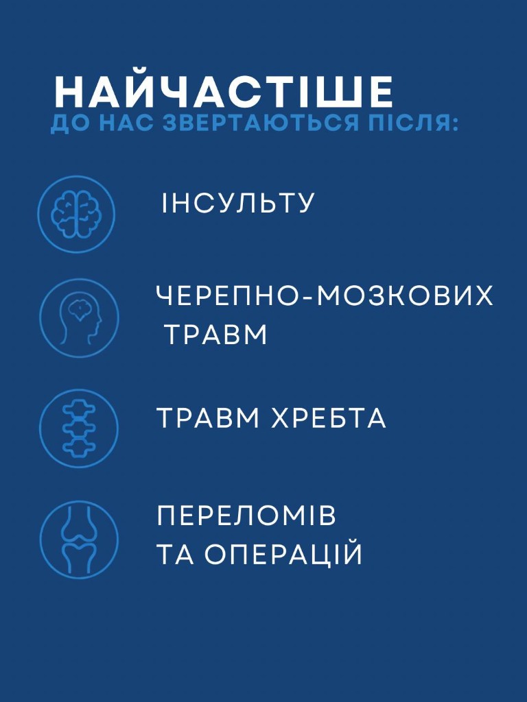 Найчастіше звертаються після інсульту, черепно-мозкових травм, травм хребта, переломів та операцій.